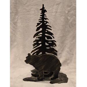 Rustic Metal Bear and Pine Tree Candle Holder Silhouette Lodge Decor 13 inch